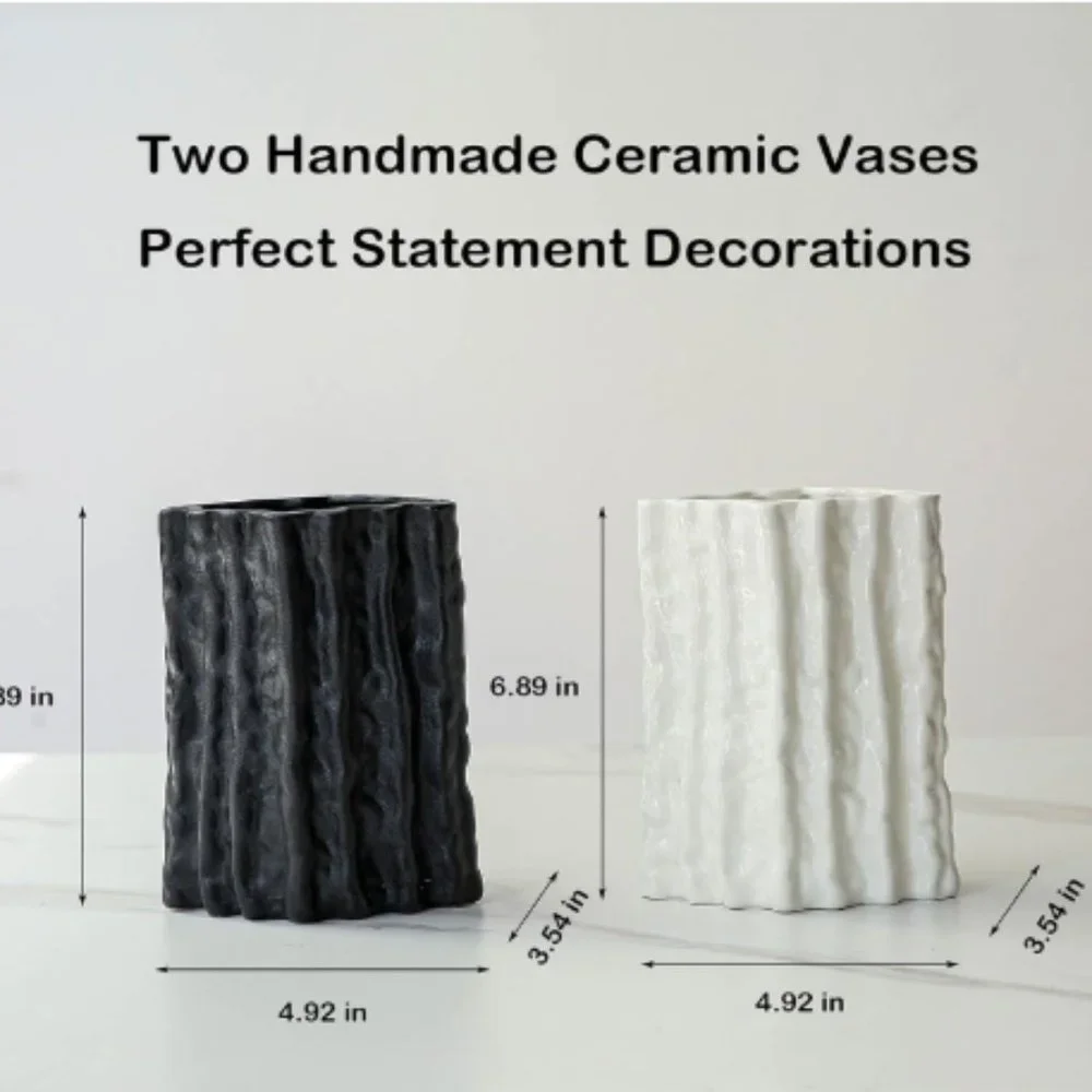 Set of 2 - Lg Black & White - Ribbed Rhombus Ceramic Vases for Flowers & Decor